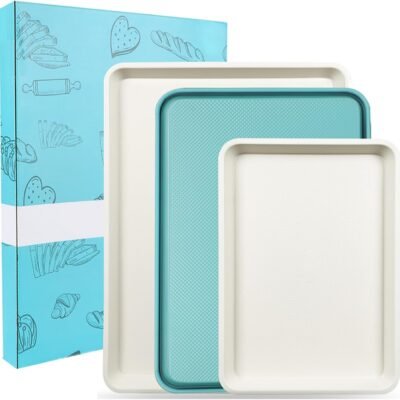 3-Pack Blue Ceramic-Coating Baking Sheet Pans, -Free Nonstick Cookie Sheet Trays, 0.8mm Thick Heavy Duty, with Diamond Texture, Replacement Toaster Oven Tray for Everyday Baking