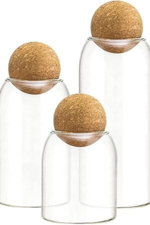 3 Pcs Glass Jars with Cork Ball Lid Set Kitchen Food Terrarium Airtight Clear Storage Canisters with Wooden Lids for Cookie Candy Coffee Bean Spice Sugar Rice