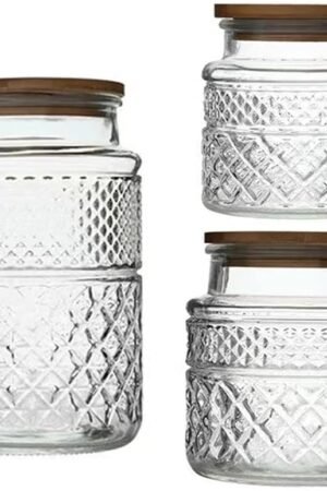 Glass Storage Jars Vintage Embossed Canisters Food Cereal Storage Containers with Bamboo Lid, Decorative Jars for Kitchen Counter,Pantry,Set 3-Piece Glass Jars in 60 oz/40 oz/20 oz (Round)