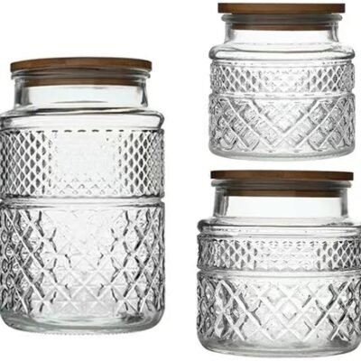 Glass Storage Jars Vintage Embossed Canisters Food Cereal Storage Containers with Bamboo Lid, Decorative Jars for Kitchen Counter,Pantry,Set 3-Piece Glass Jars in 60 oz/40 oz/20 oz (Round)