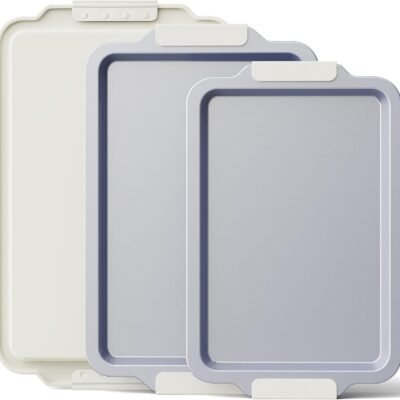 Non Stick Ceramic Baking Sheet Pan Set of 3, Natural Non Toxic Cookie Sheets for Baking - ,  Free, Heavy Duty Aluminized Steel Oven Trays for Cooking with Silicone Handles, Cream