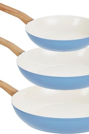 Healthy Ceramic Titanium-Infused 3-Piece Fry Pan Set, Light Blue – Induction Cookware, Nonstick Cooking Pan, Frying Pan Skillet for Eggs, Meats, Vegetables, Sauces, Warming Tortillas