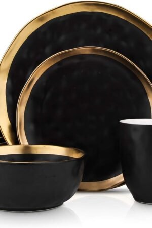 Modern Porcelain 16 Piece Dinnerware Set, Plates and Bowls Set, Dish set for 4, Black And Golden Rim