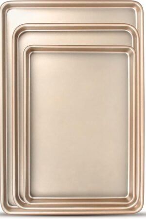 Baking Sheet Pan Set of 3, Commercial Cookie Sheets for Baking, Nonstick Half/Quarter/Jelly Roll Pans Replacement Toaster Oven Tray, Heavy Duty & Easy Clean, Champagne Gold