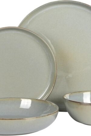 16 Piece (Service for 4) Plates and Bowls Reactive Glaze Round Dishes Stoneware Ceramic Dinnerware Set -Green