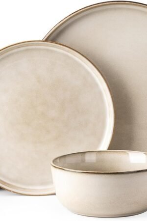 Ceramic Dinnerware Sets for 6, 18 Pieces Stoneware Plates and Bowls Sets, Scratch Resistant Dishes, Dishwasher & Microwave Safe, Reactive Glaze-Cappuccino