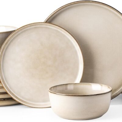 Ceramic Dinnerware Sets for 6, 18 Pieces Stoneware Plates and Bowls Sets, Scratch Resistant Dishes, Dishwasher & Microwave Safe, Reactive Glaze-Cappuccino