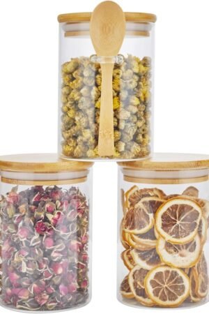 3 Pack Glass Containers Jars with Bamboo Airtight Lid and Spoon, 15Oz Glass Food Storage Canisters, Kitchen Organization Jar Set for Coffee Beans, Tea, Flour, Salt, Nuts, Candy, Cookie and More