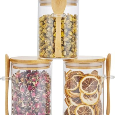 3 Pack Glass Containers Jars with Bamboo Airtight Lid and Spoon, 15Oz Glass Food Storage Canisters, Kitchen Organization Jar Set for Coffee Beans, Tea, Flour, Salt, Nuts, Candy, Cookie and More