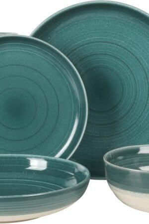 16 Piece Double Bowl Stoneware Reactive Glaze Round Plates and Bowls Dinnerware Set - Teal
