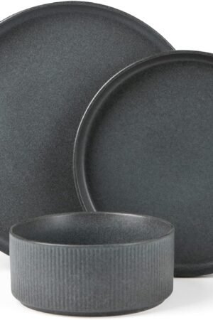 Dinnerware Sets, Plates and Bowls Set for 4, 12 Pieces Dish Set - Chip and Scratch Resistant, Microwave and Dishwasher Safe Kitchen Set, Matte Dark Charcoal