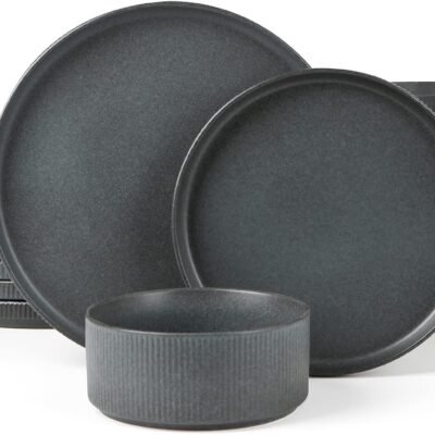 Dinnerware Sets, Plates and Bowls Set for 4, 12 Pieces Dish Set - Chip and Scratch Resistant, Microwave and Dishwasher Safe Kitchen Set, Matte Dark Charcoal