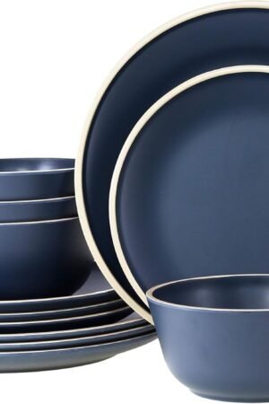 Melamine Dinnerware Sets for 4, Plates and Bowls Sets 12 Pcs, Melamine Plates, Nautical Dinnerware Sets, Modern Style,Dishwasher Safe, BPA Free, Suitable Indoor and Outdoor Use (Deep Blue)