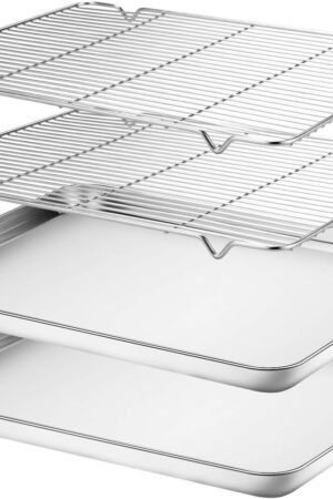 Baking Sheet & Rack Set [2 Sheets + 2 Racks], Stainless Steel Cookie Pan with Cooling Rack, Size 16 x 12 x 1 Inch, Non Toxic & Heavy Duty & Easy Clean