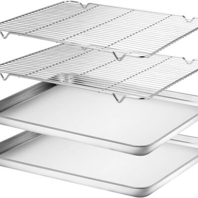 Baking Sheet & Rack Set [2 Sheets + 2 Racks], Stainless Steel Cookie Pan with Cooling Rack, Size 16 x 12 x 1 Inch, Non Toxic & Heavy Duty & Easy Clean