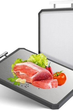 Stainless Steel Cutting Board, Double-Sided Cutting Boards, Large Cutting Boards for Kitchen,Food-Grade, Stainless Steel and Wheat Straw , Dishwasher Safe (Large)