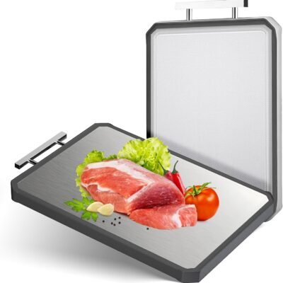 Stainless Steel Cutting Board, Double-Sided Cutting Boards, Large Cutting Boards for Kitchen,Food-Grade, Stainless Steel and Wheat Straw , Dishwasher Safe (Large)
