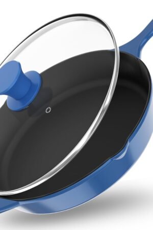 12 inch Saute Fry Pan Pre-Seasoned Cast Iron Skillet With Lid, Frying Pan, Cast Iron Pan, Safe Grill Cookware for Indoor & Outdoor Use - Cooking Gift for Men & Women (Blue)
