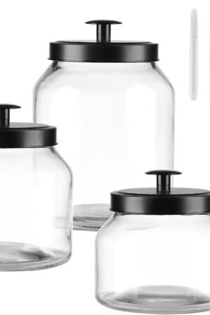Clear Glass Kitchen Canister Set, Cookie Jar, Food Storage Container, Bathroom Jar with Metal Airtight Lid (Black)
