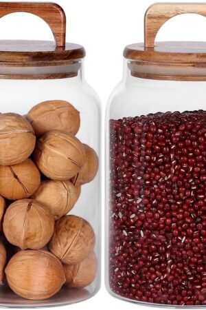 Canister Set of 2, Glass Kitchen Canisters with Airtight Acacia Lid, Tall Clear Airtight Food Storage Jar, Kitchen Pantry Storage Container for Noodles Flour Cereal Coffee