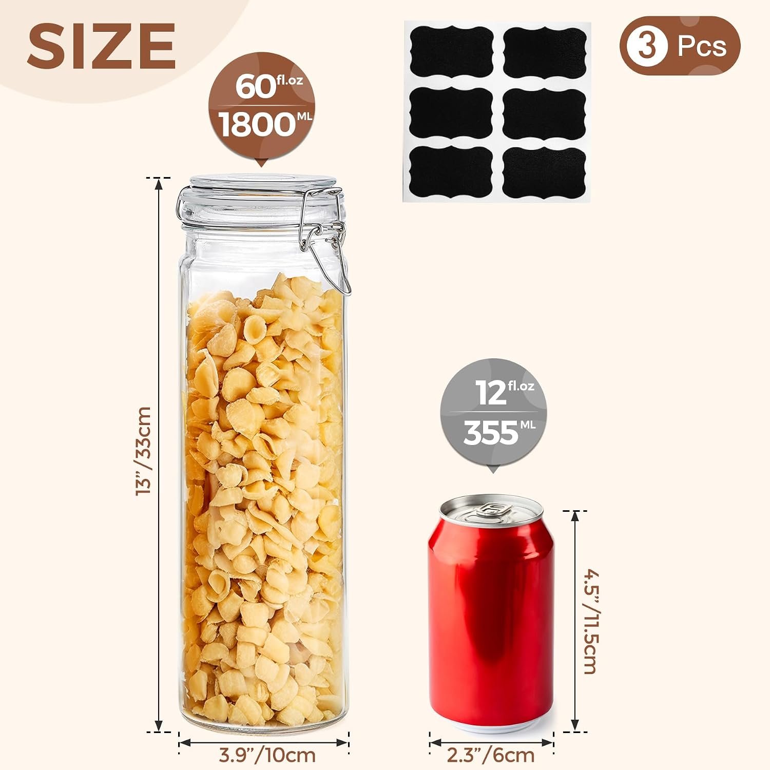 60oz Airtight Glass Jars Set of 3 with Lids Food Storage Jar Round - Tall Spaghetti Container with Clear Preserving Seal Wire Clip Fastening, Pasta jar for Kitchen Canning, Nut,Oat, Dry Goods - Image 2
