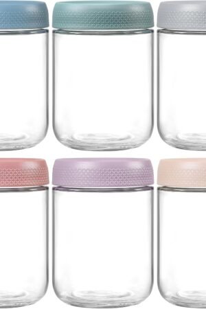 6-pack 16 oz Overnight Oats Containers with Lids, Glass jars with Airtight Lids, Wide mouth Mason Salad jars, Glass Food Storage Containers for Snacks Yogurt Spice Sugar