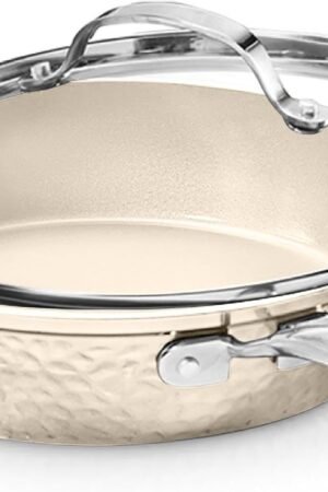 Hammered 10 Inch Non Stick Frying Pans with Lid, Frying Pans Nonstick with Lid, Healthy and Non Toxic Ceramic Pan for Cooking, Nonstick Frying Pan, Induction Pan, Dishwasher Safe – Cream