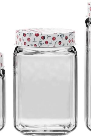 Clear Glass Jars | Set of 3 | Cherry Design on Airtight Lid | Food Storage Containers | Square | For Coffee, Beans, and Dry Goods | 45, 63, and 74-Ounce Capacity | Dishwasher Safe
