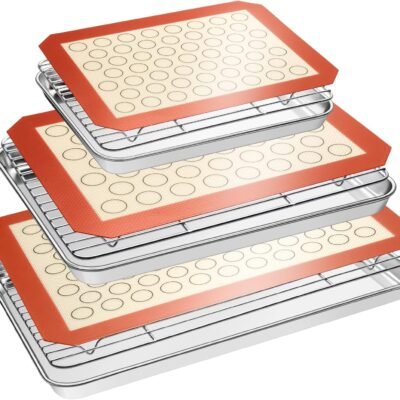 Baking Set: Stainless Steel Sheet Pan with Cooling Rack & Silicone Mat Set, Multi-Size (3 Sheets + 3 Racks + 3 Mats), Warp Resistant & Heavy Duty, Easy Clean