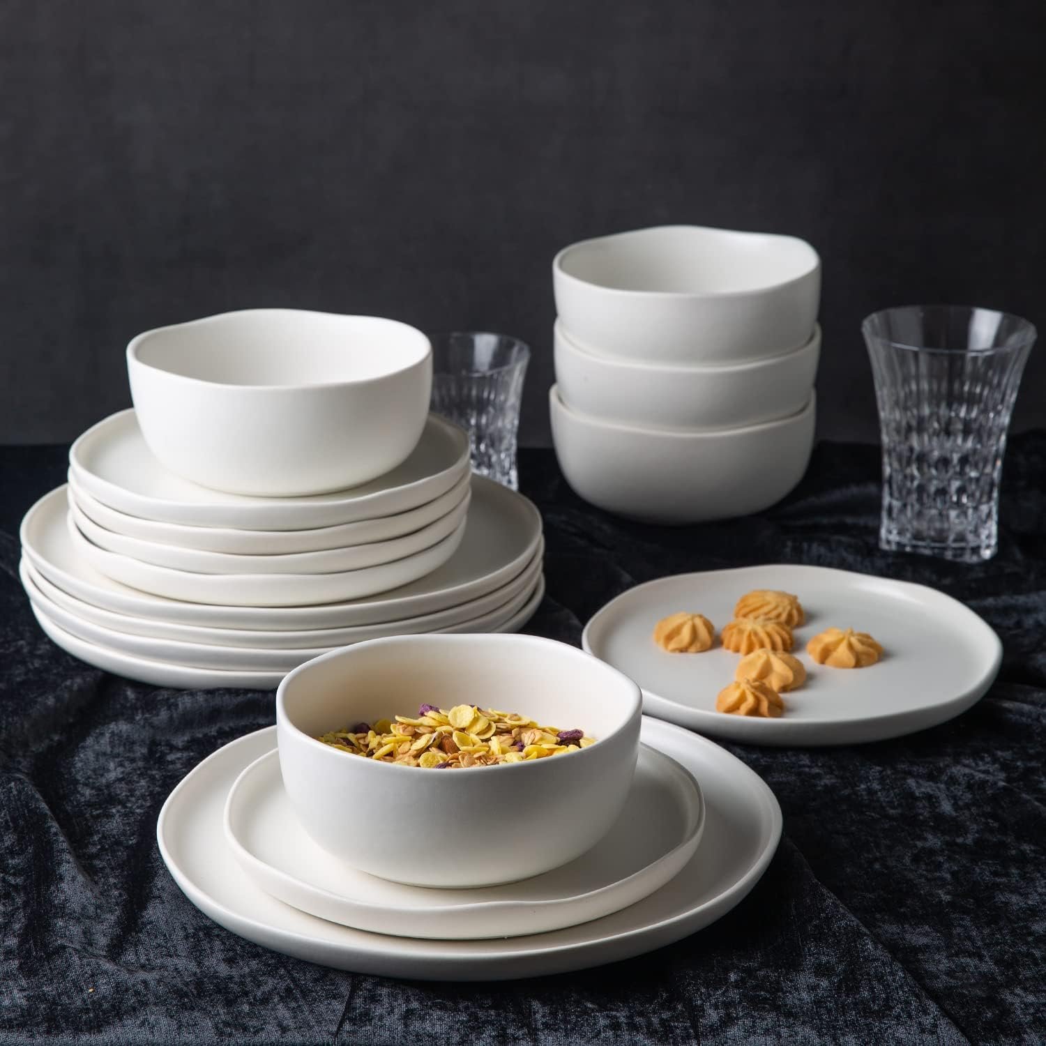 Ceramic Dinnerware Sets, Wavy Rim Stoneware Plates and Bowls Sets, Highly Chip and Crack Resistant | Dishwasher & Microwave & Oven Safe Dishes set, Service for 4 (12pc)