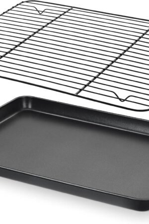 Nonstick Baking Sheet with Rack Set, 16 x 12 x 1 Inch Cookie Sheet Baking Pan with Cooling Rack for Oven, Commercial Grade & Non-Toxic, Easy to Clean