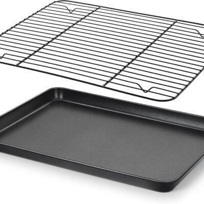 Nonstick Baking Sheet with Rack Set, 16 x 12 x 1 Inch Cookie Sheet Baking Pan with Cooling Rack for Oven, Commercial Grade & Non-Toxic, Easy to Clean