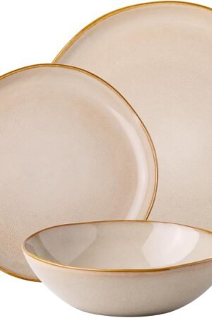 Ceramic Dinnerware Sets,Handmade Reactive Glaze Plates and Bowls Set,Highly Chip and Crack Resistant | Dishwasher & Microwave Safe Dishes Set,Service for 4 (12pc)