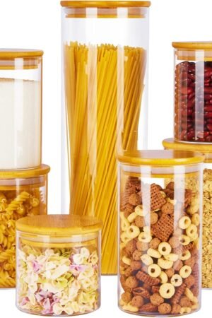 Glass Food Storage Jars, 7 Pack Food Containers with Airtight Bamboo Wooden Lids for Pasta, Cookies, Nuts, Coffee Beans, Cereal, Glass Canisters for Kitchen, Pantry Organization, BPA Free