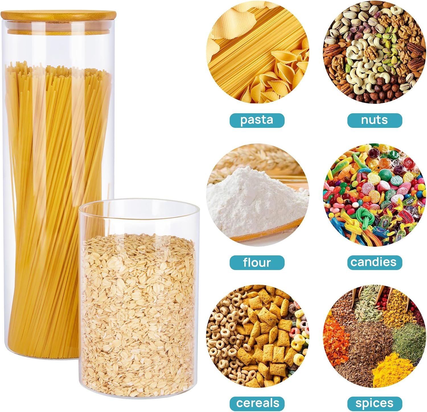 Glass Food Storage Jars, 7 Pack Food Containers with Airtight Bamboo Wooden Lids for Pasta, Cookies, Nuts, Coffee Beans, Cereal, Glass Canisters for Kitchen, Pantry Organization, BPA Free - Image 2