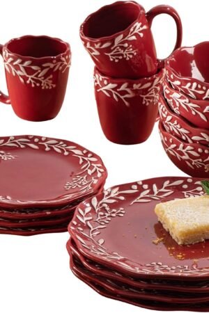 Holiday Round Dinnerware Set – 16-Piece Ceramic Dinner Party Collection w/ 4 Dinner Plates, 4 Salad Plates, 4 Bowls & 4 Mugs – Unique Gift Idea for Any Special Occasion, Red