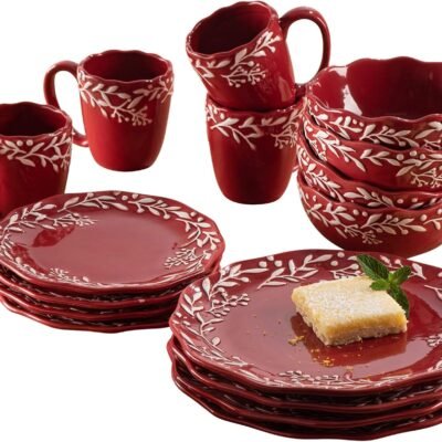 Holiday Round Dinnerware Set – 16-Piece Ceramic Dinner Party Collection w/ 4 Dinner Plates, 4 Salad Plates, 4 Bowls & 4 Mugs – Unique Gift Idea for Any Special Occasion, Red
