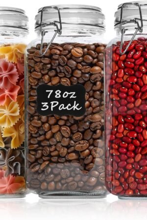 Airtight Glass Canister Set of 3 with Lids 78oz Food Storage Jar Square - Storage Container with Clear Preserving Seal Wire Clip Fastening for Kitchen Canning Flour, Cereal, Pasta, Sugar, Beans
