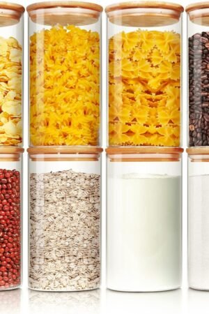 Glass Jars with Bamboo Lids 30 floz [Set of 8], Glass Canisters with Airtight Lids, Glass Food Storage Containers for Pasta, Oats, Coffee, Flour, Sugar, Rice, Best for Kitchen & Pantry
