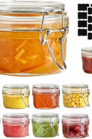 4oz Small Airtight Glass Jars Set of 12 with Lids Food Storage Jar Round, Mason Jar, Mini Storage Container with Clear Preserving Seal Wire Clip Fastening for Kitchen Canning, Jam, Spice, Honey