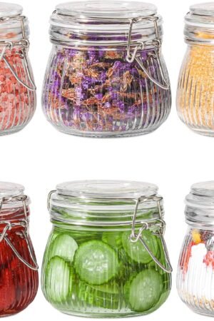 Airtight Glass jar with lid 17oz Set of 6, Glass Storage Containers with Lids, Glass Canister, Mason Jars, Small Striped Clip Fastening Jar for Kitchen Canning, Overnight Oats, Pickle, Spice