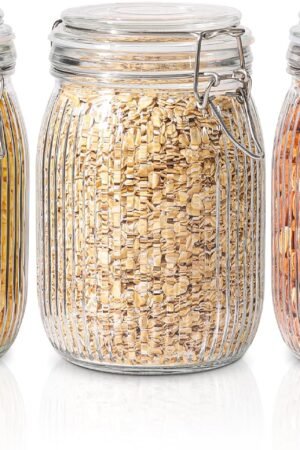 Airtight Glass jar with lid 37oz Set of 3, Glass Storage Containers with Lids, Glass Canisters, Striped Clip Fastening Jar for Kitchen Canning, Tea, Pasta, Sugar, Beans, Cookie, Jam, Oat