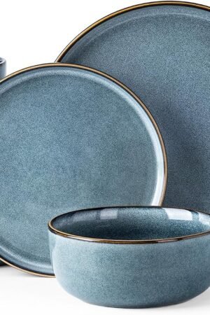Ceramic Dinnerware Sets for 6, 18 Pieces Stoneware Plates and Bowls Sets, Scratch Resistant Dishes, Dishwasher & Microwave Safe, Space Blue