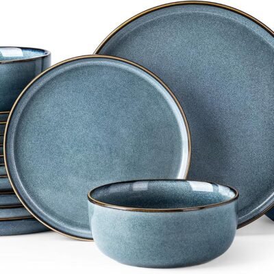 Ceramic Dinnerware Sets for 6, 18 Pieces Stoneware Plates and Bowls Sets, Scratch Resistant Dishes, Dishwasher & Microwave Safe, Space Blue