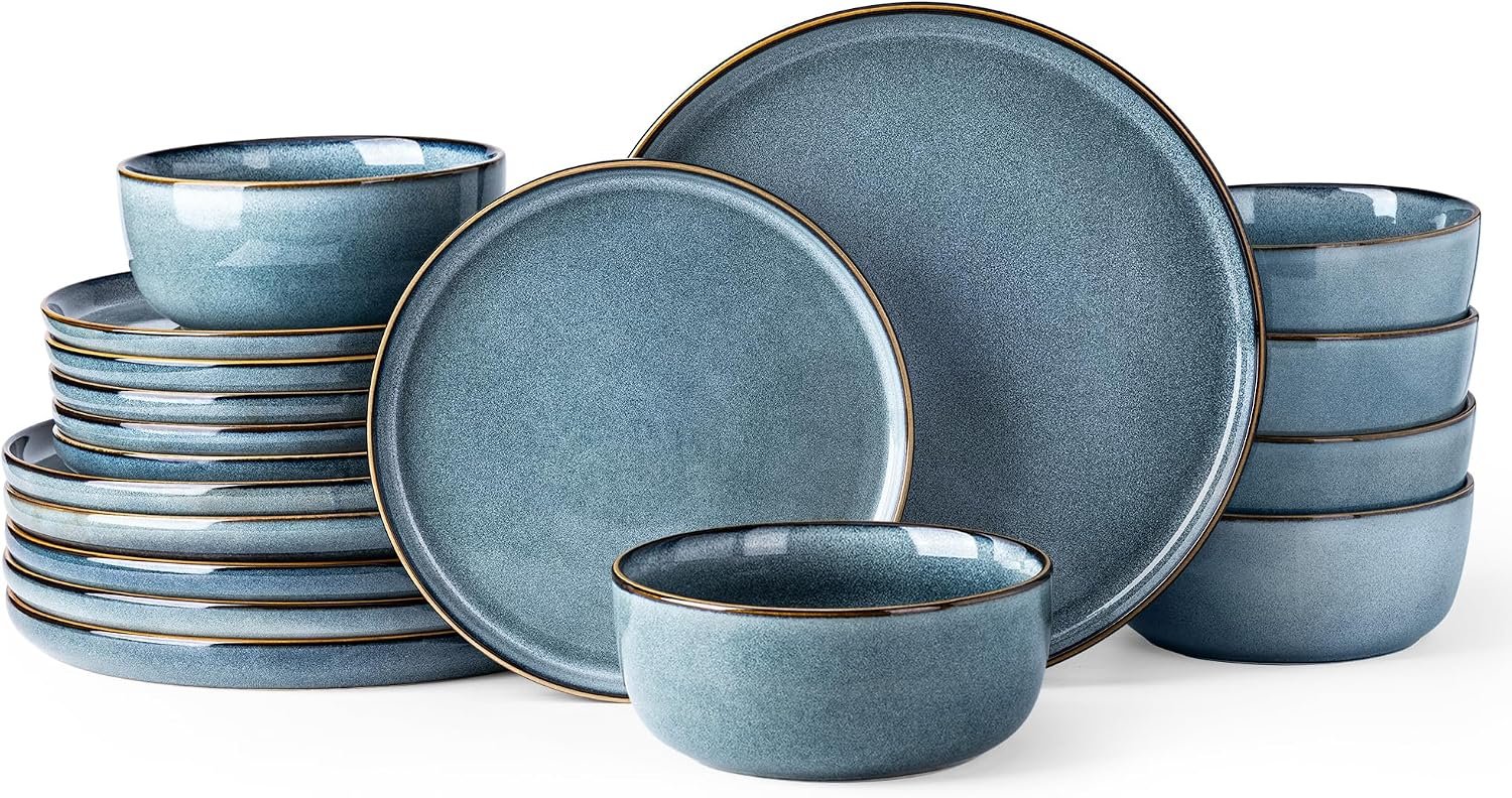 Ceramic Dinnerware Sets for 6, 18 Pieces Stoneware Plates and Bowls Sets, Scratch Resistant Dishes, Dishwasher & Microwave Safe, Space Blue
