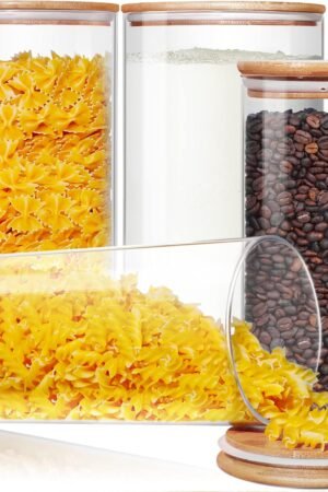 Large Glass Flour and Sugar Containers 180oz x2 & 93oz x2 [Set of 4], Glass Food Storage Containers with Bamboo Lids, Glass Jar with Airtight Lid for Spaghetti Pasta,Rice,Cereal,Coffee, Oat