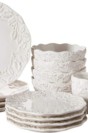 Holiday Round Dinnerware Set – 16-Piece Ceramic Party Collection w/ 4 Dinner Salad Plates, 4 Bowls & 4 Mugs –Gift Idea for Special Occasions, White,