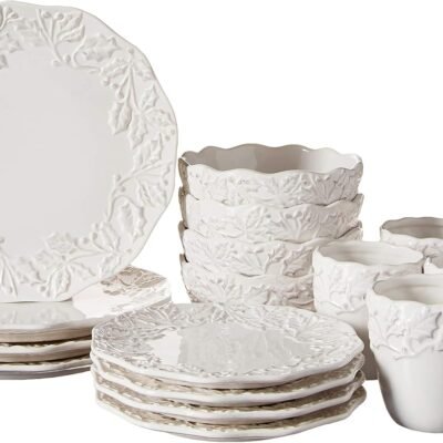 Holiday Round Dinnerware Set – 16-Piece Ceramic Party Collection w/ 4 Dinner Salad Plates, 4 Bowls & 4 Mugs –Gift Idea for Special Occasions, White,