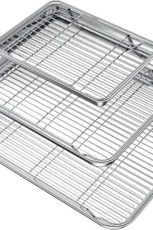 Baking Sheet with Rack Set (3 Pans + 3 Racks), Stainless Steel Baking Pan Cookie Sheet with Cooling Rack, Non Toxic & Heavy Duty & Easy Clean