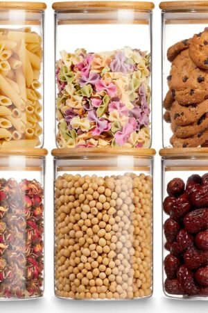 Glass Storage Jars with Bamboo Lid, 27 OZ Airtight Food Storage Jar with Labels, Clear Kitchen Canisters for Candy, Cookie, Rice, Coffee Beans, Snacks, Spices